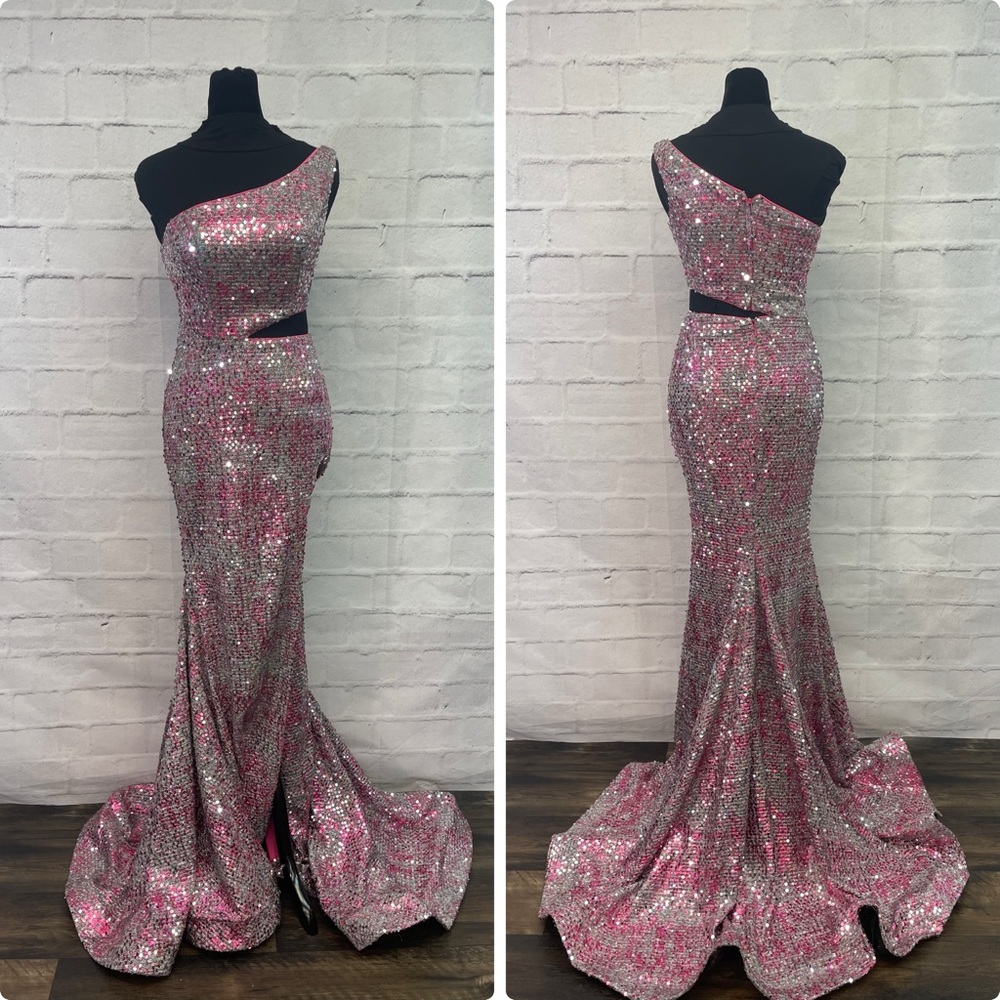 Pink Asymmetrical Embellished One-Shoulder Gown